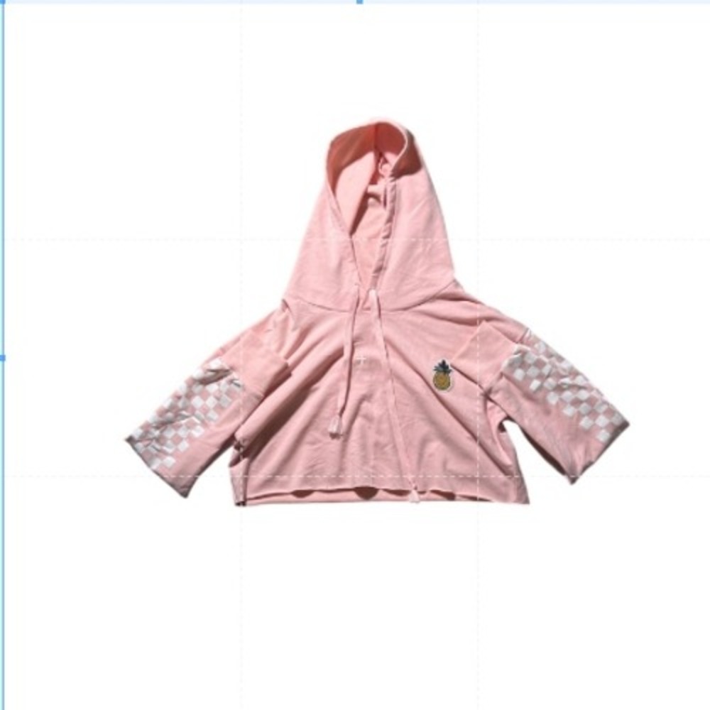 Pink Pineapple Patch Cropped Hoodie‎ Checkered Sleeve Raw Hem Pullover Medium